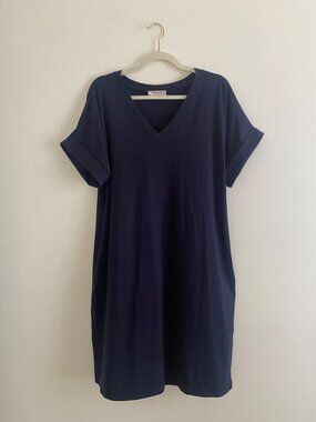 Zenana Navy Blue V-Neck T-Shirt Dress With Pockets Women's Size L